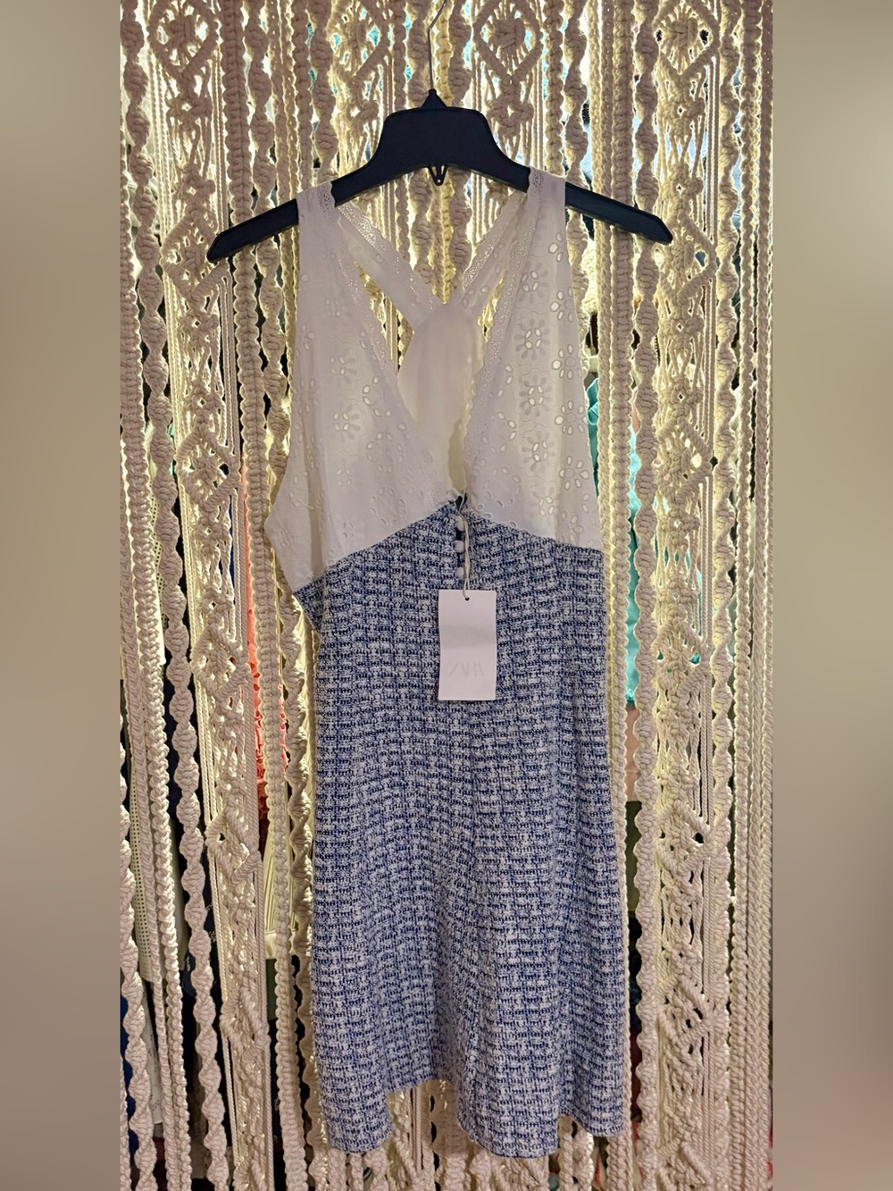 ZARA White Eyelet & Blue Tweed Dress